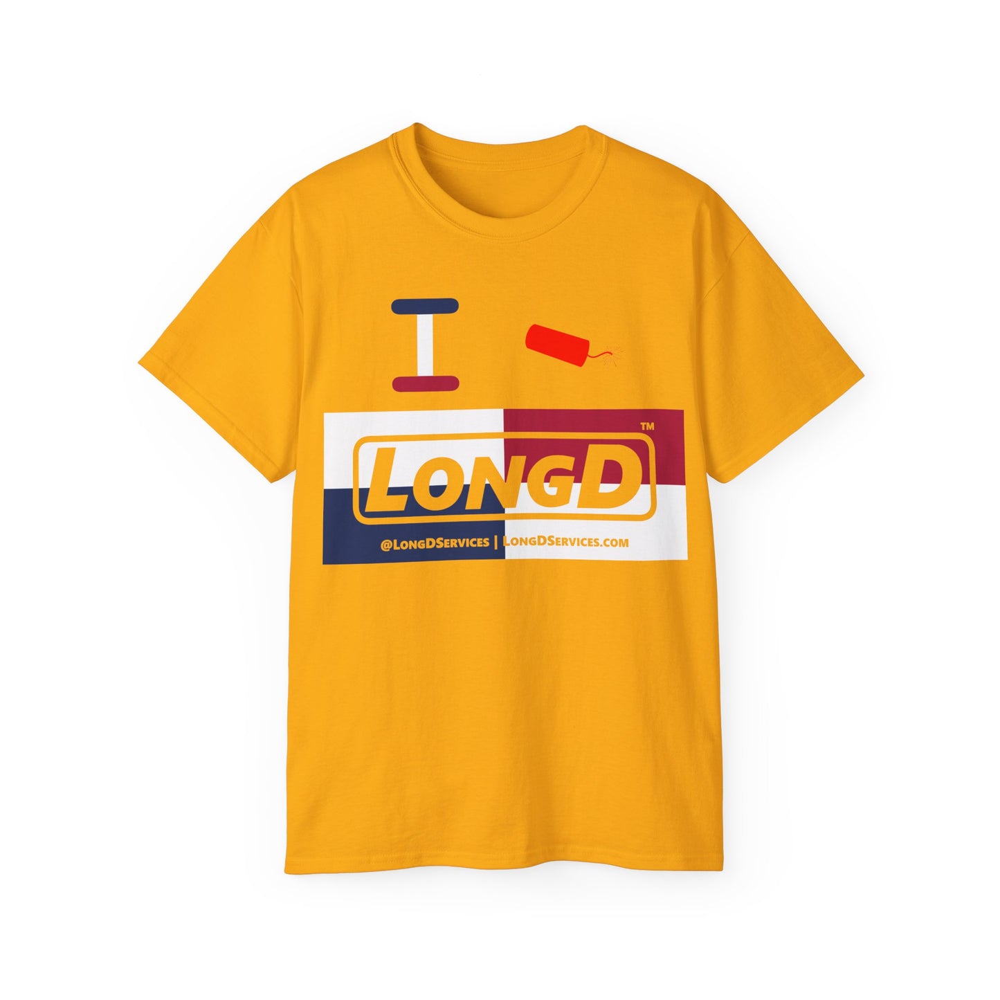 I Firecracker LongD® Logo Cotton Tee Red, White and Blue negative quarters text