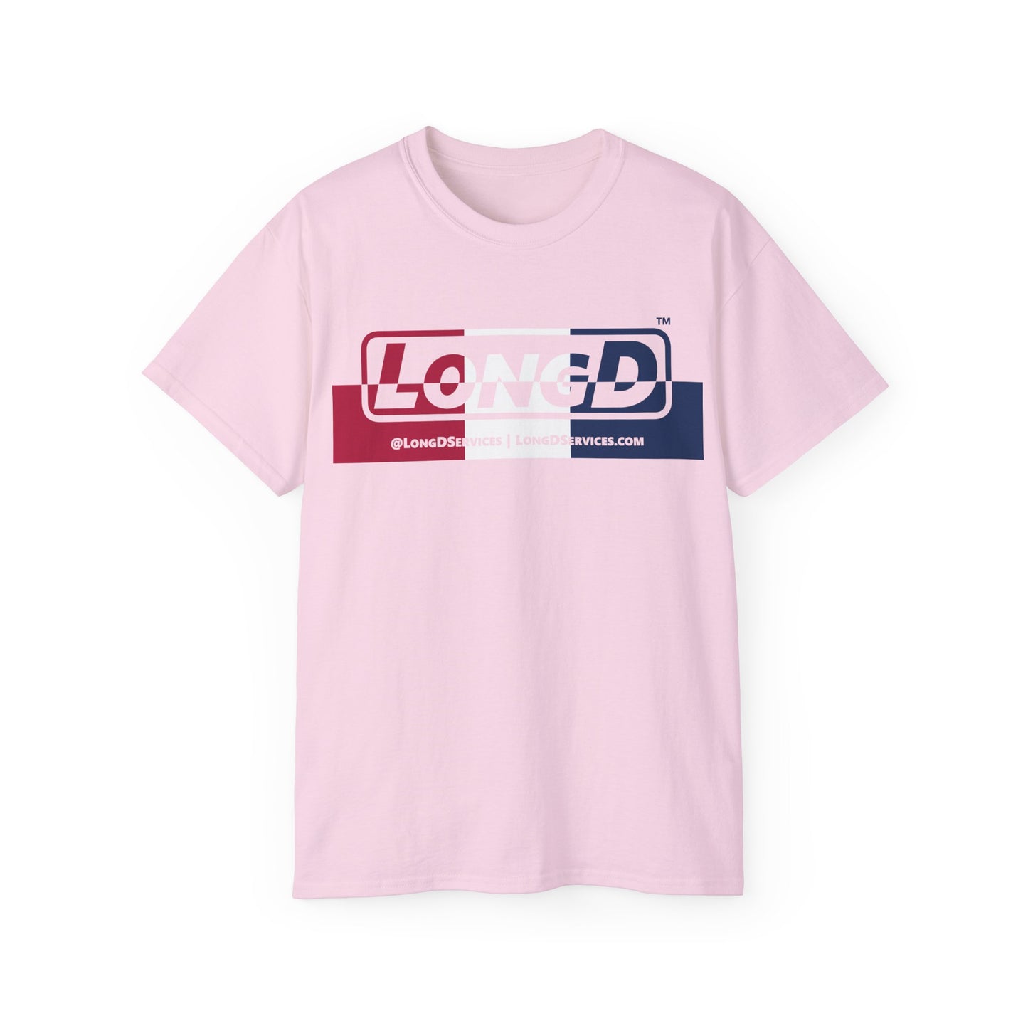 LongD® Logo Cotton Tee Red, White and Blue positive top negative bottom thirds text