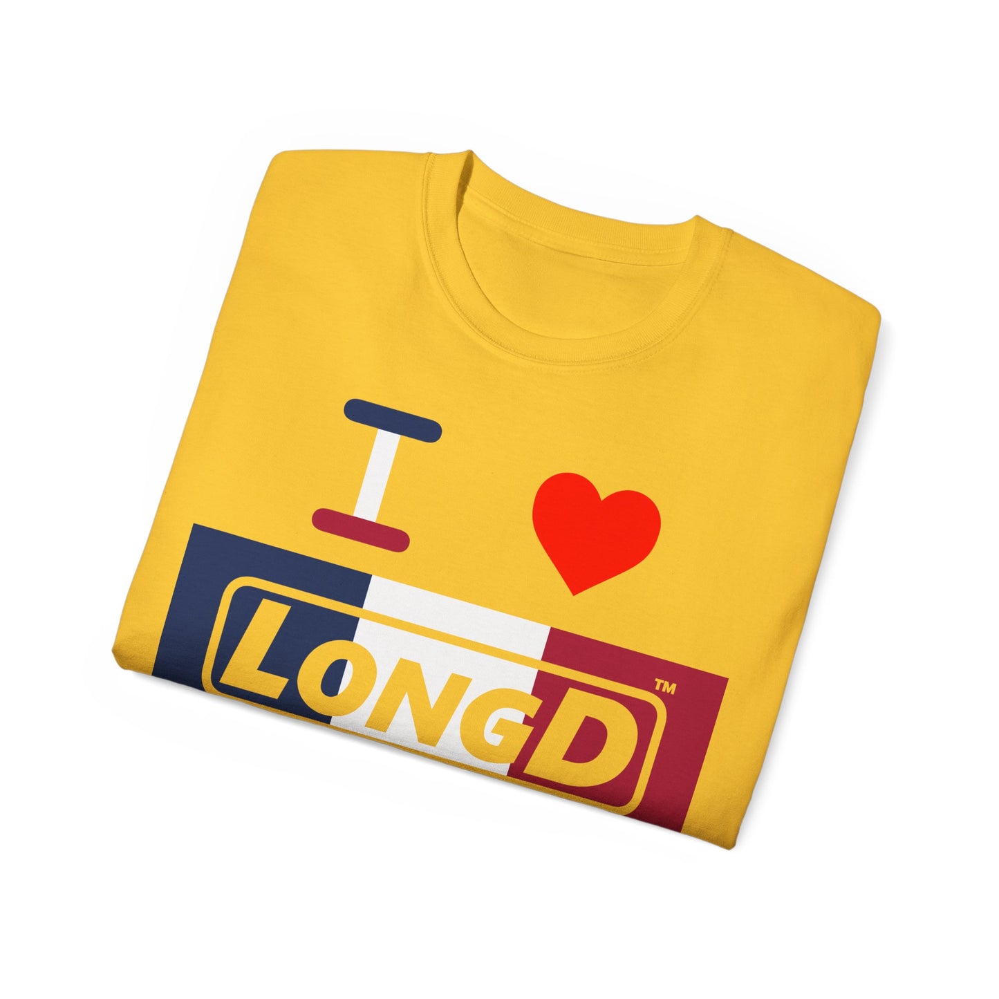 I Luv LongD® Logo Cotton Tee Blue, White and Red negative thirds text
