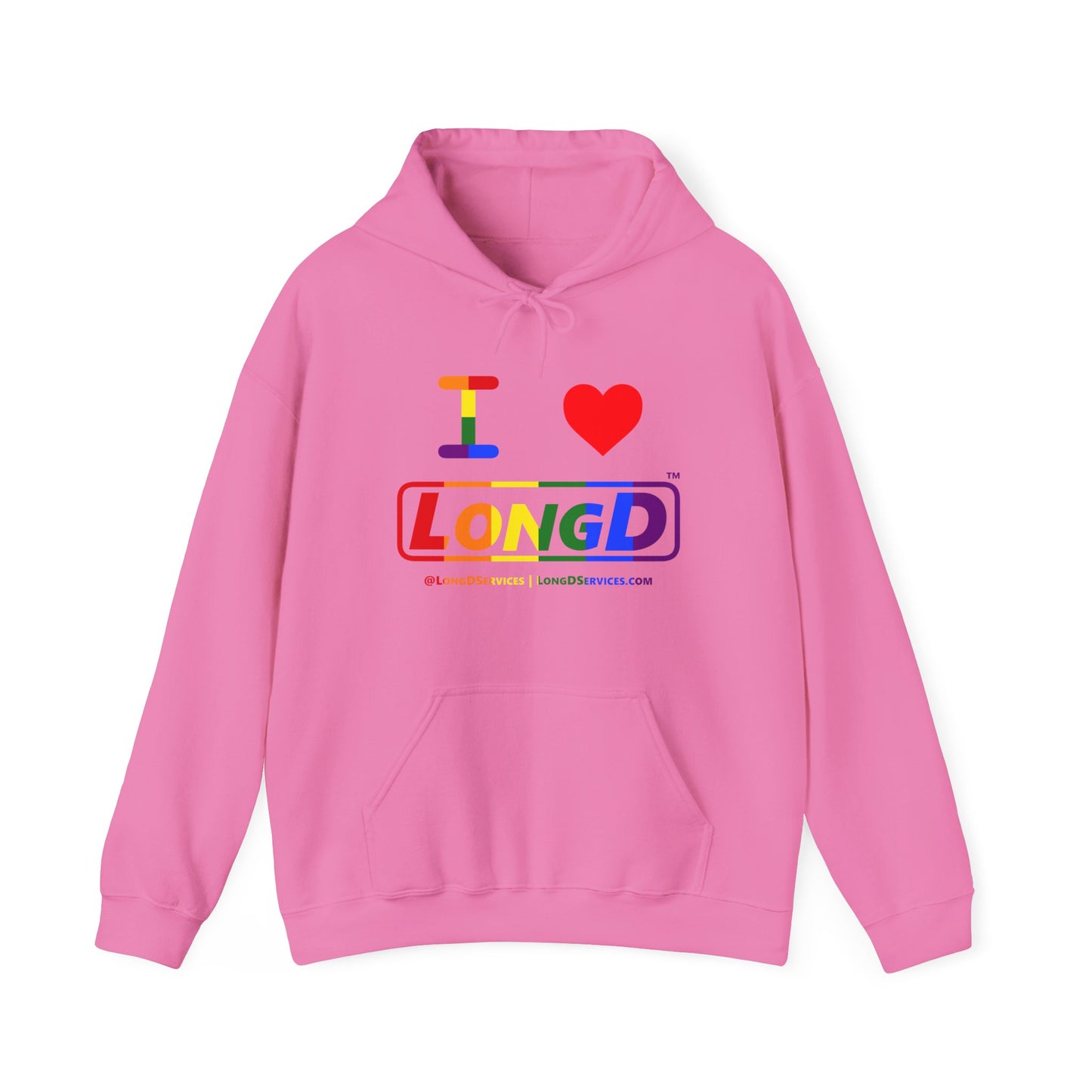 I Luv LongD® Logo Hoodie with Pride rainbow positive text