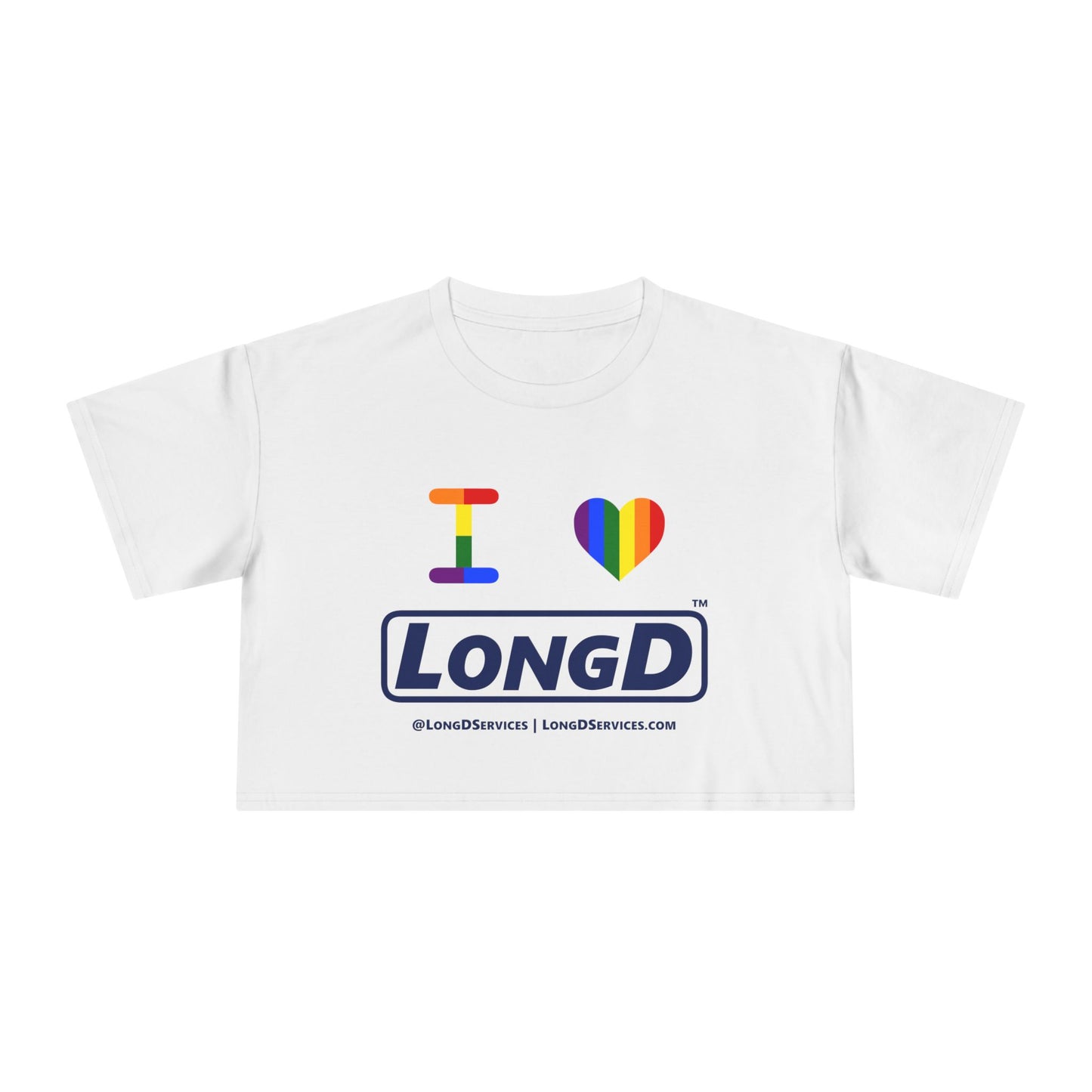 I Luv LongD Logo Women's Crop Tee (Official logo-Pride color rainbow heart and text)