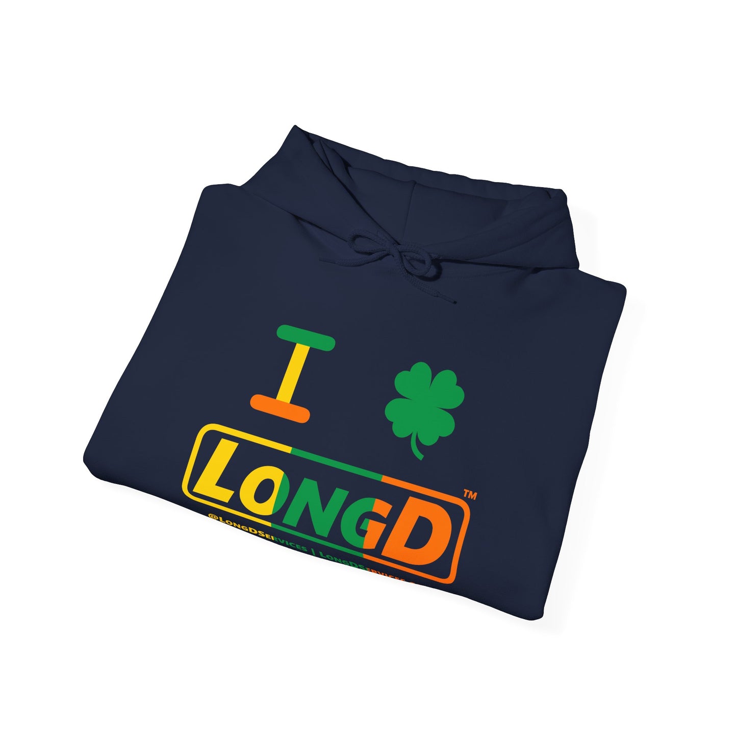 I Clover LongD® Logo Hoodie (St. Patrick's Day Irish Green-Irish Orange-Golden Yellow text)