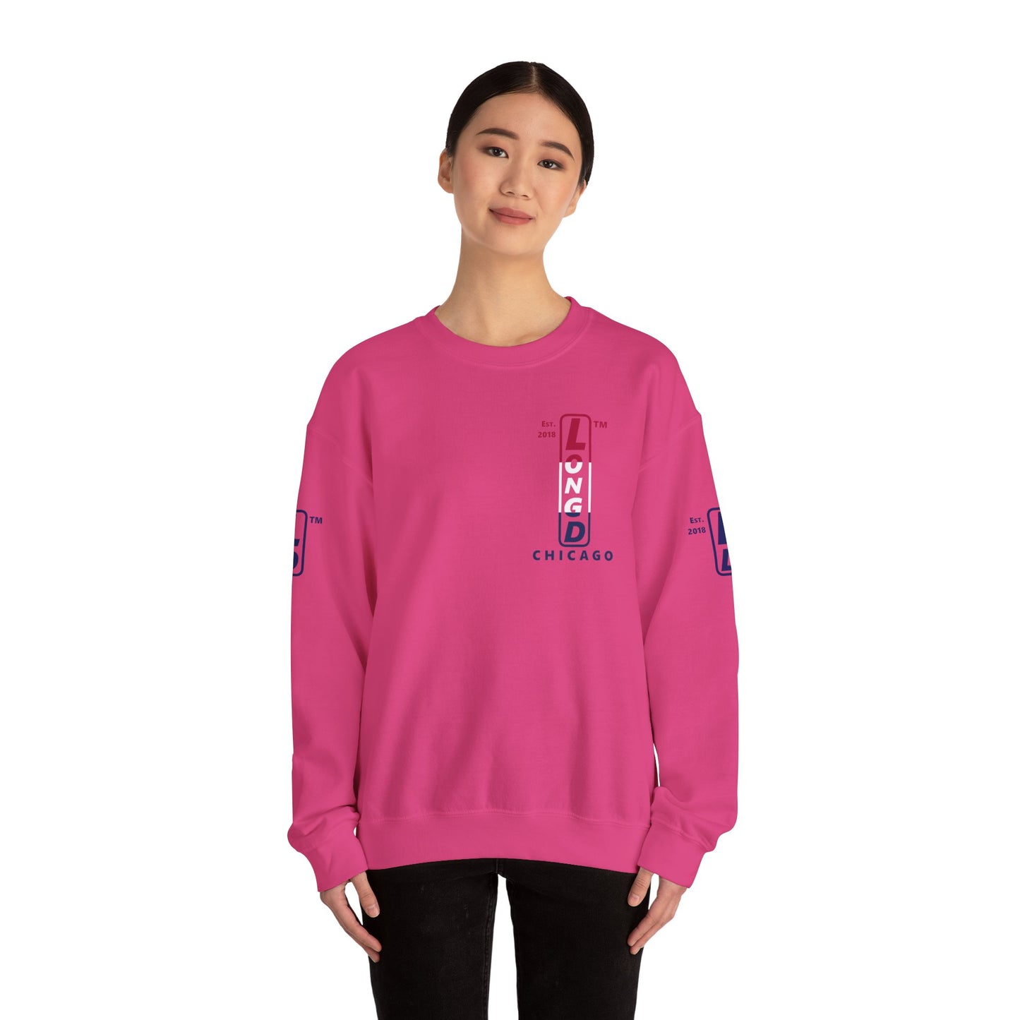 LongD positive horizontal 3-striped Chicago upright 4-print single-breasted logo crewneck sweatshirt (patriotic colors)