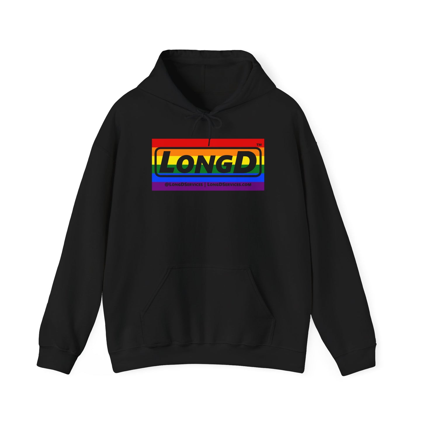LongD® Logo Hoodie with Pride rainbow striped negative text