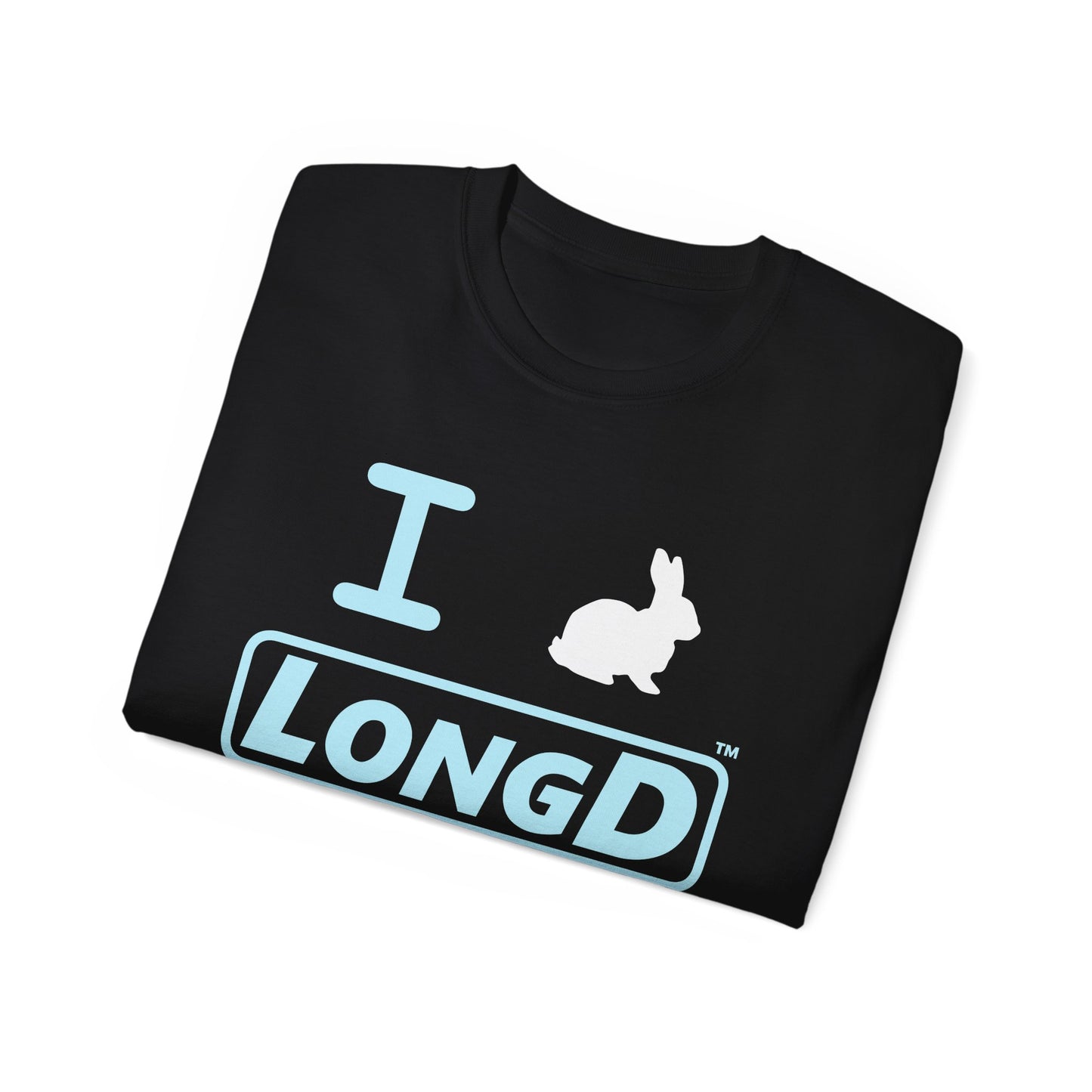 I Bunny LongD® Logo Cotton Tee Easter pastel blue text (white Easter Bunny)