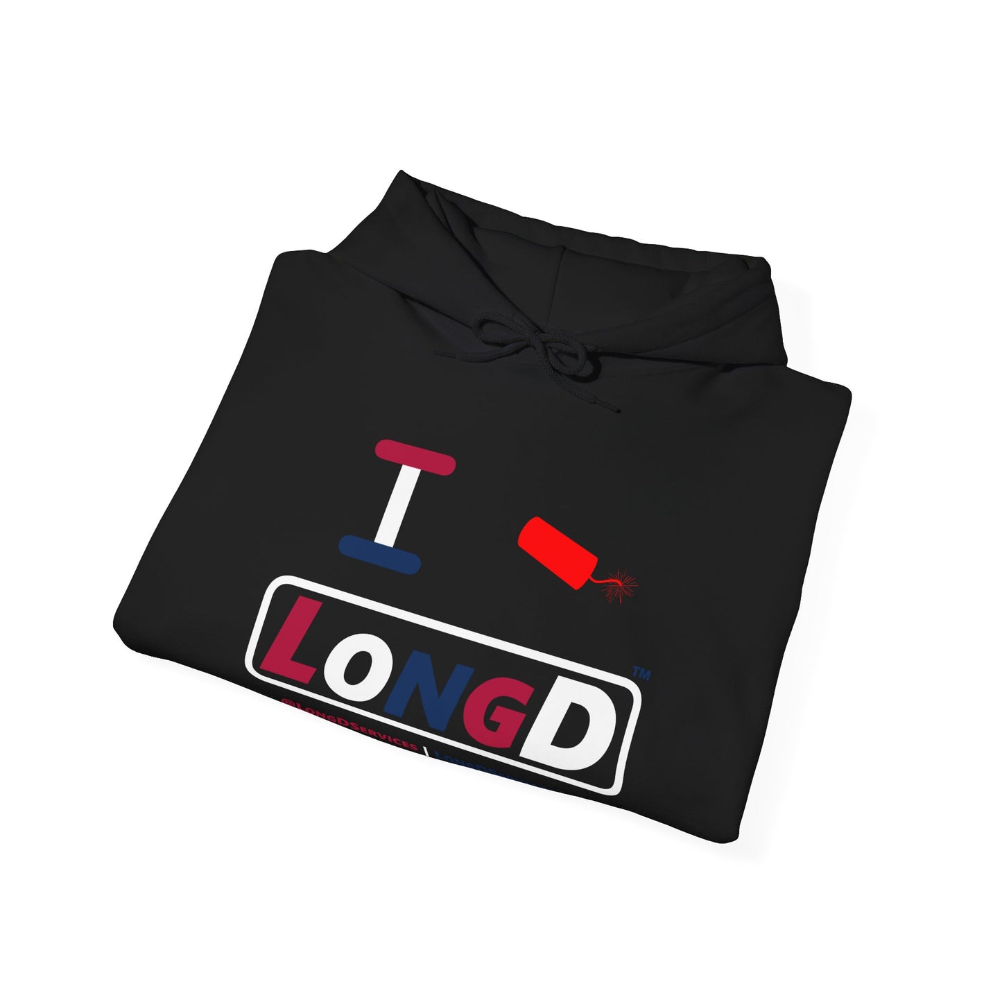 I Firecracker LongD® Logo Hoodie red, white and blue varied positive elements