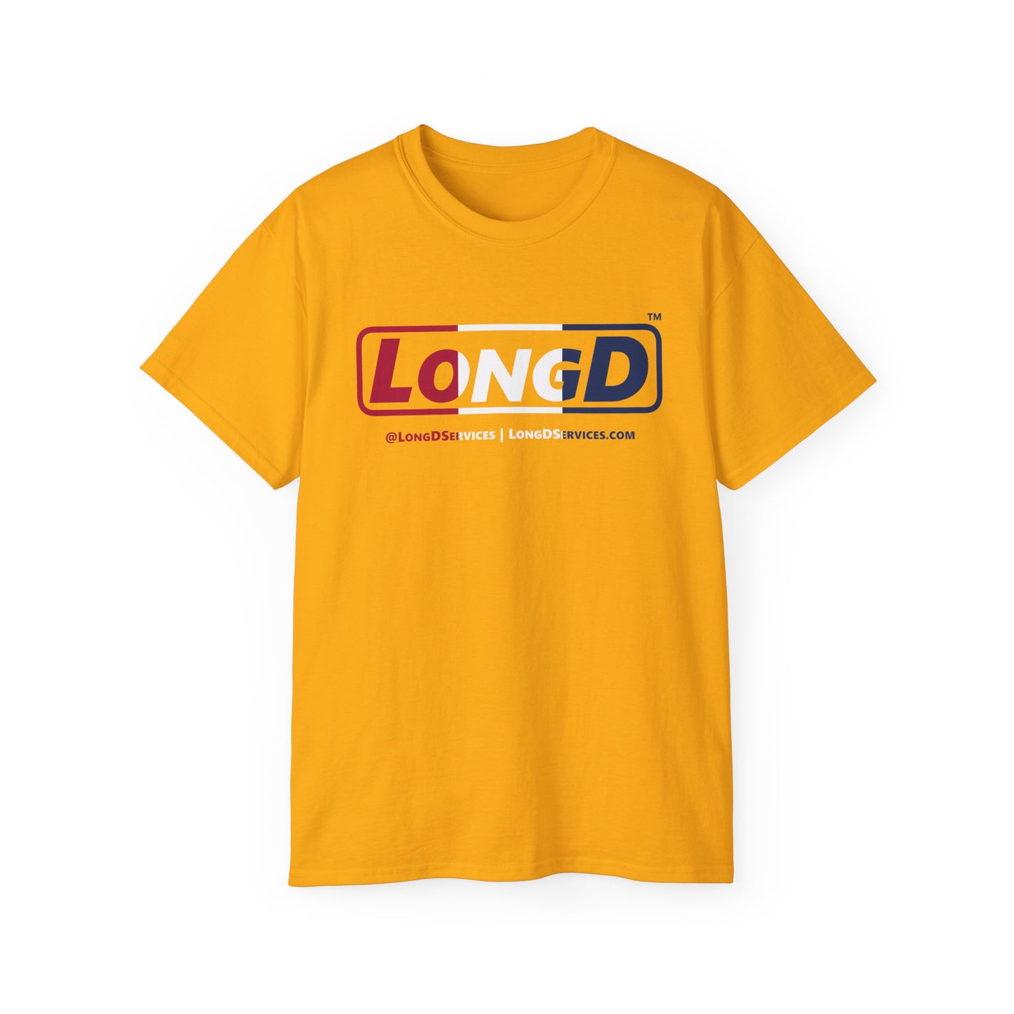 LongD® Logo Cotton Tee Red, White and Blue positive thirds text
