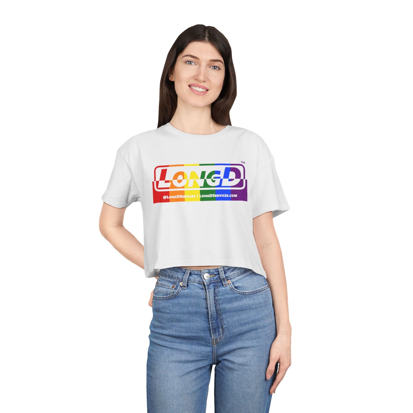LongD Logo Women's Crop Tee (Pride color rainbow positive top negative bottom logo)