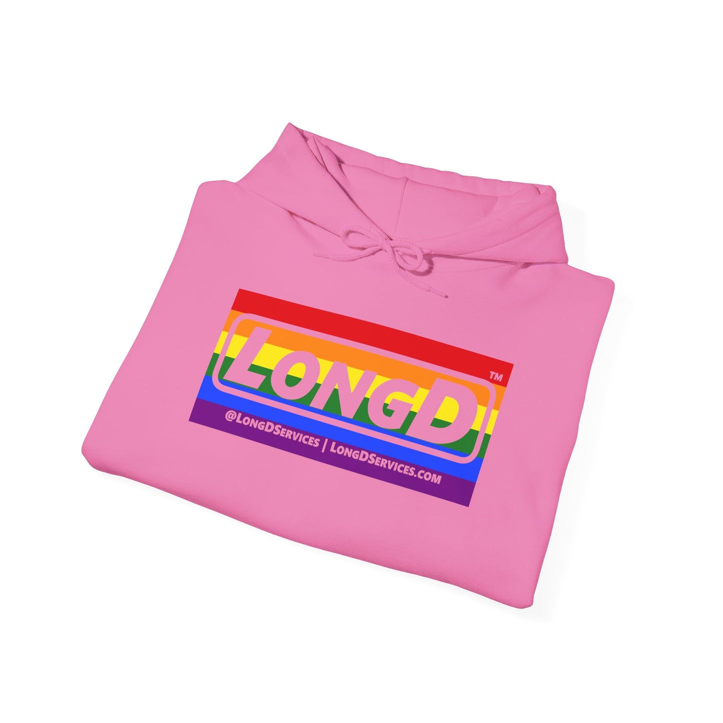 LongD® Logo Hoodie with Pride rainbow striped negative text