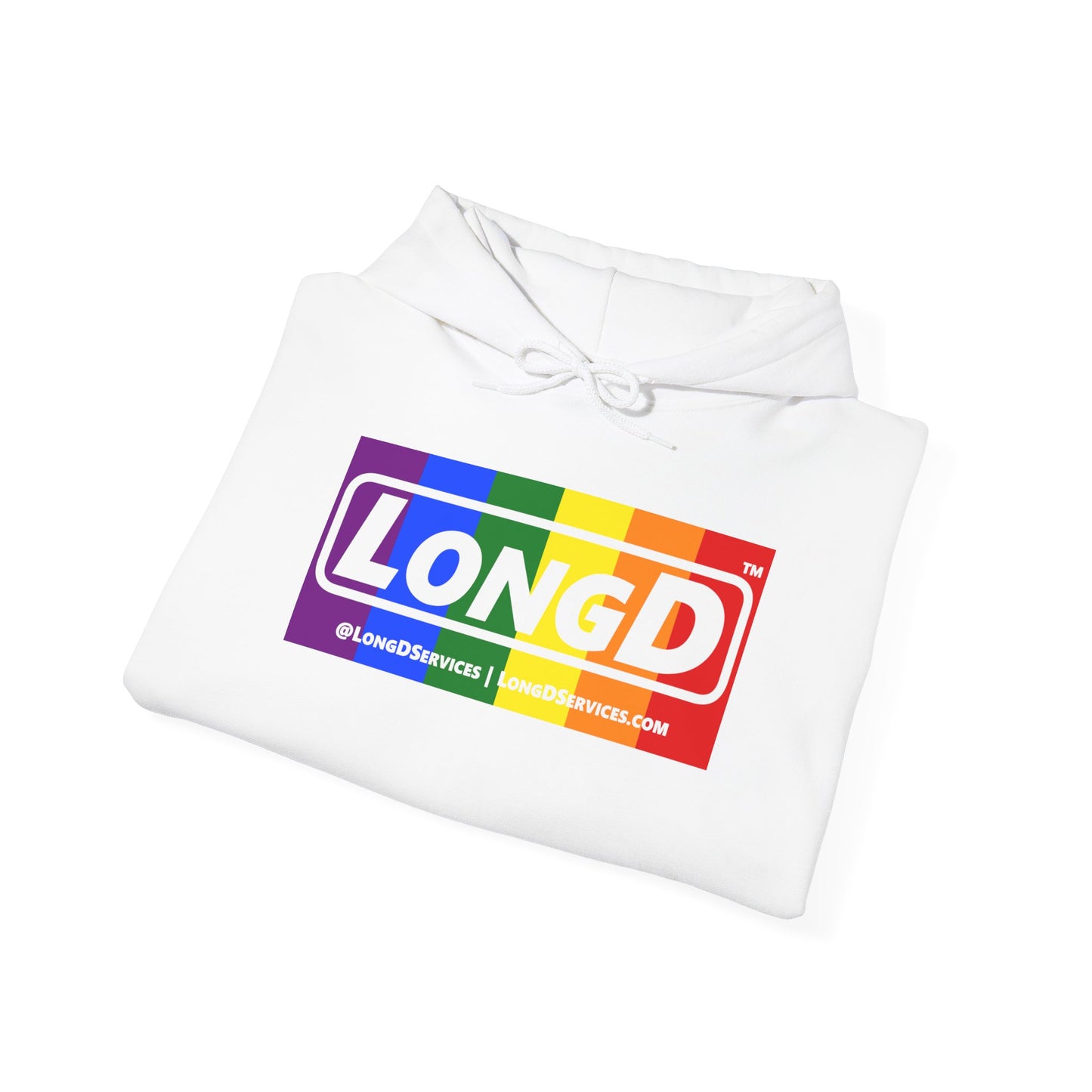 LongD® Logo Hoodie with Pride rainbow negative text