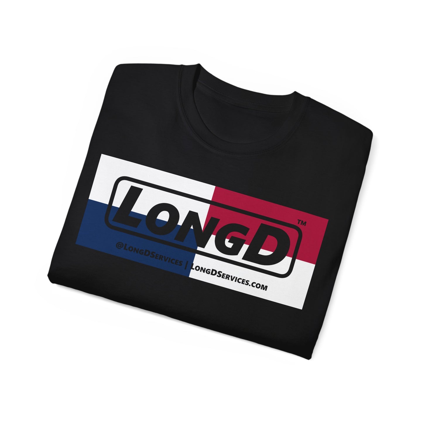 LongD® Logo Cotton Tee Red, White and Blue negative quarters text