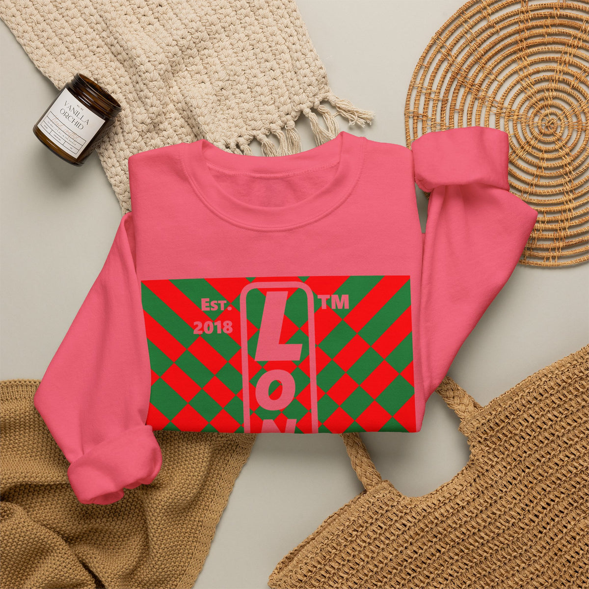 LongD Hyde Park negative upright stylized argyle logo (Xmas colors) crewneck sweatshirt