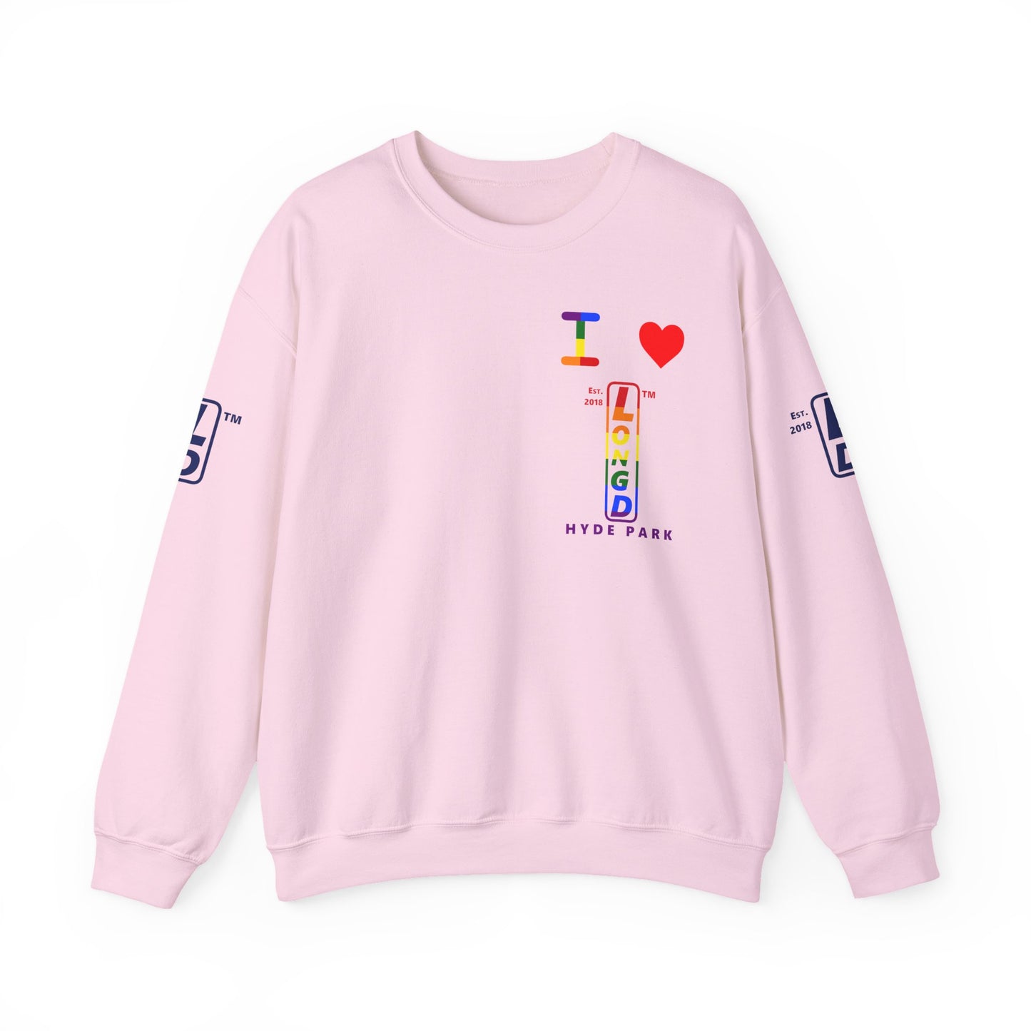 I Luv LongD positive horizontal 6-striped Hyde Park upright 4-print single-breasted logo crewneck sweatshirt (Pride colors)