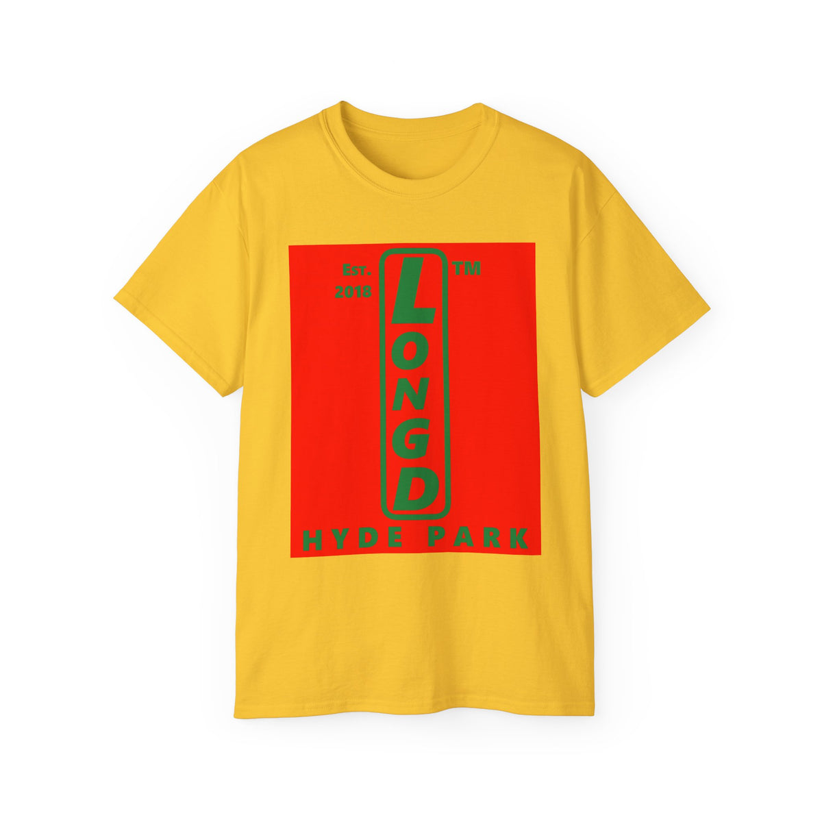 LongD Hyde Park upright logo positive green on negative red (Xmas colors) cotton tee