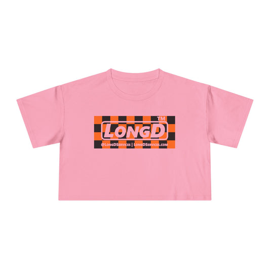 LongD Tag-domain negative checkered logo (Halloween colors) crop tee
