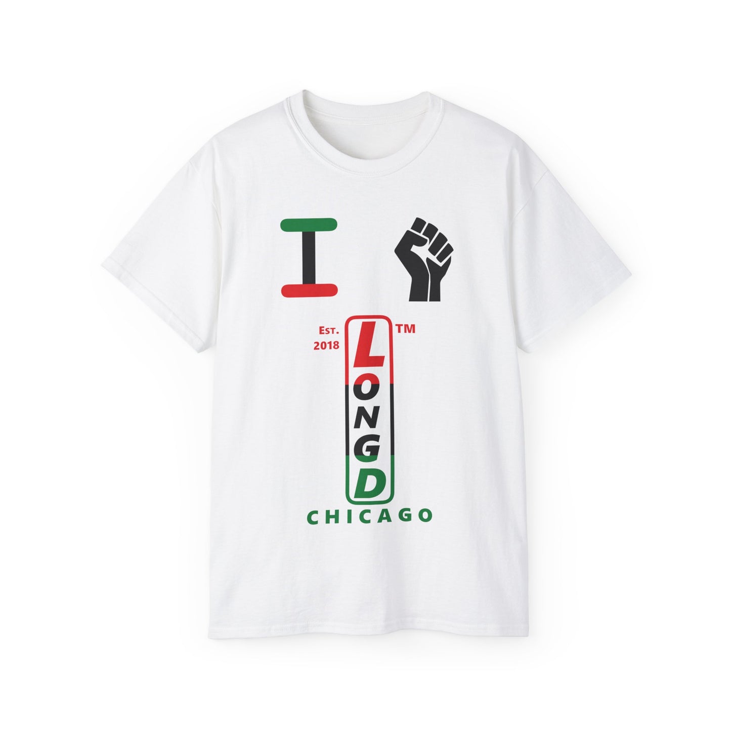 I fist LongD Cotton Tee positive horizontal striped Chicago upright logo (Juneteenth colors)