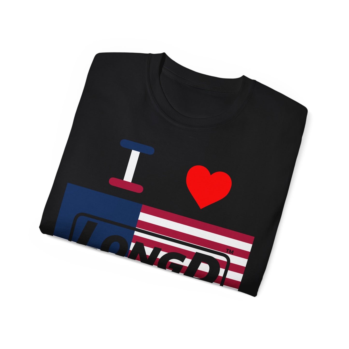 I Luv LongD® Logo Cotton Tee Red, White and Blue negative flag text