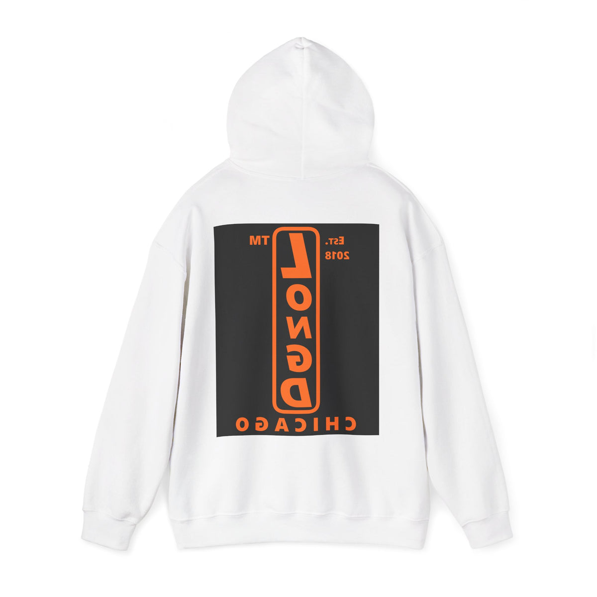LongD Chicago upright front-back logo orange (FE7518) on Black (000000) hoodie