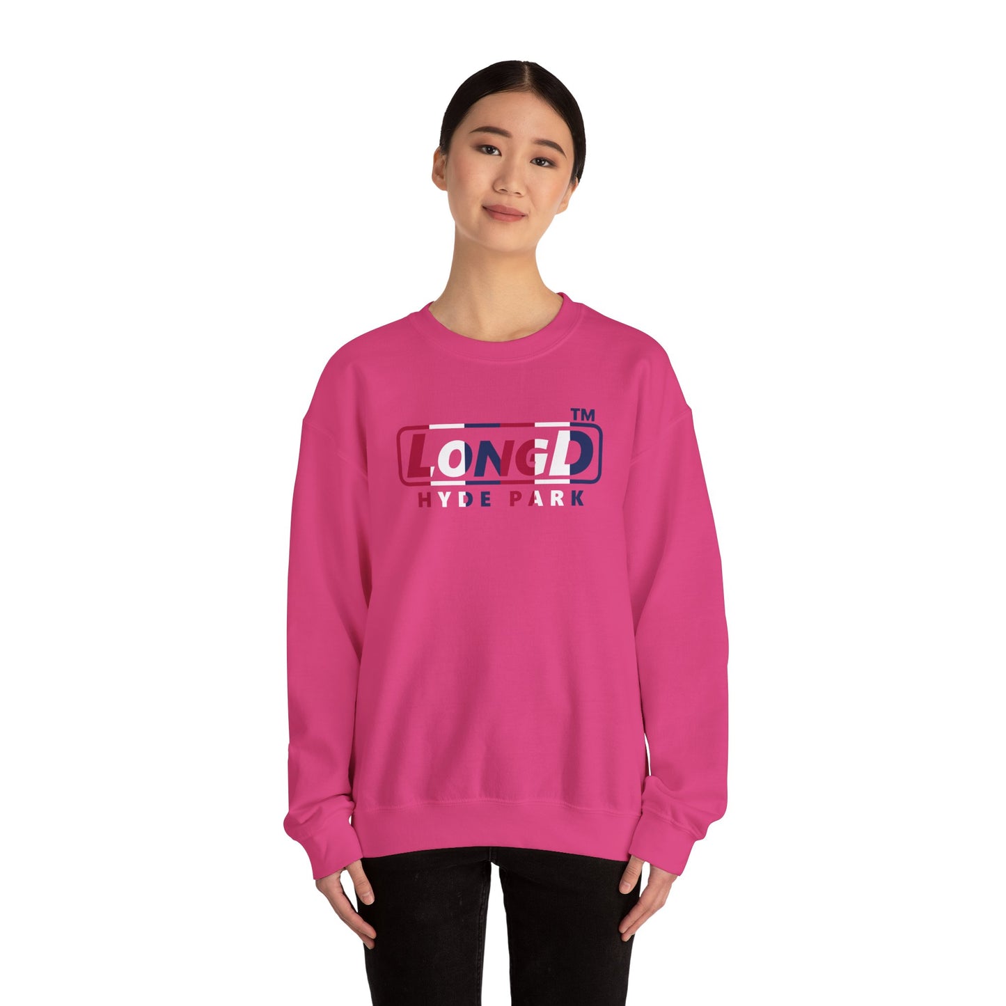 LongD positive vertical 6-striped Hyde Park logo crewneck sweatshirt (patriotic colors)
