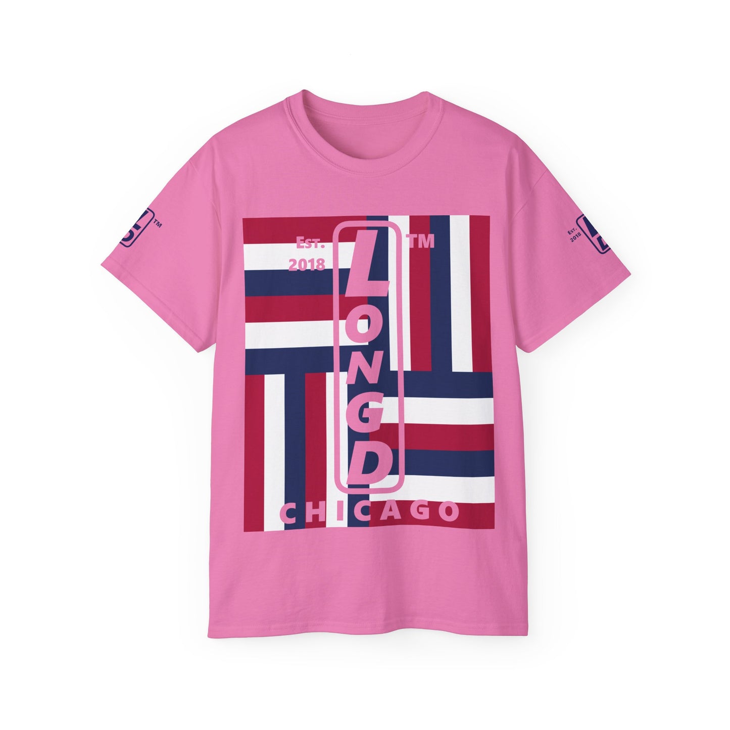 LongD cotton tee negative windmill 4-print Chicago upright logo (Patriotic colors)