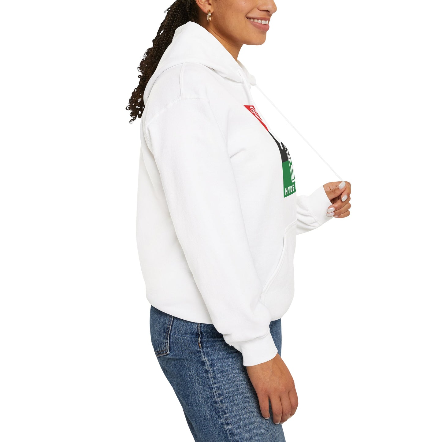 LongD® negative horizontal 3-striped upright Hyde Park logo hoodie (Juneteenth colors)
