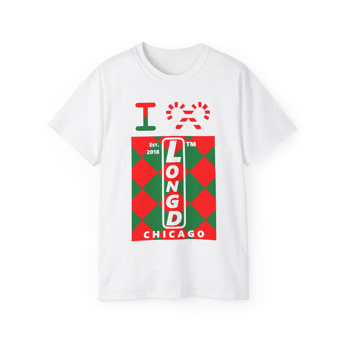 I candy cane LongD Chicago negative upright argyle logo cotton tee