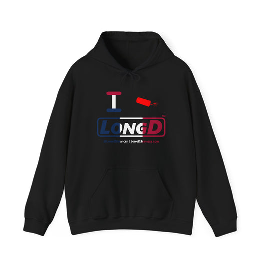 I Firecracker LongD® Logo Hoodie blue, white and red positive thirds