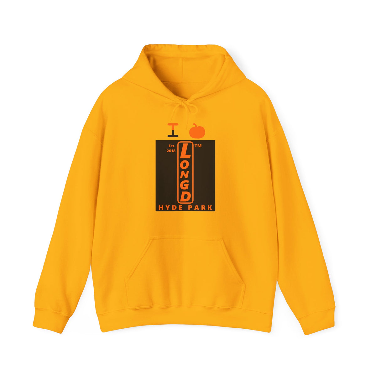 I pumpkin LongD Hyde Park upright logo positive orange on negative black hoodie