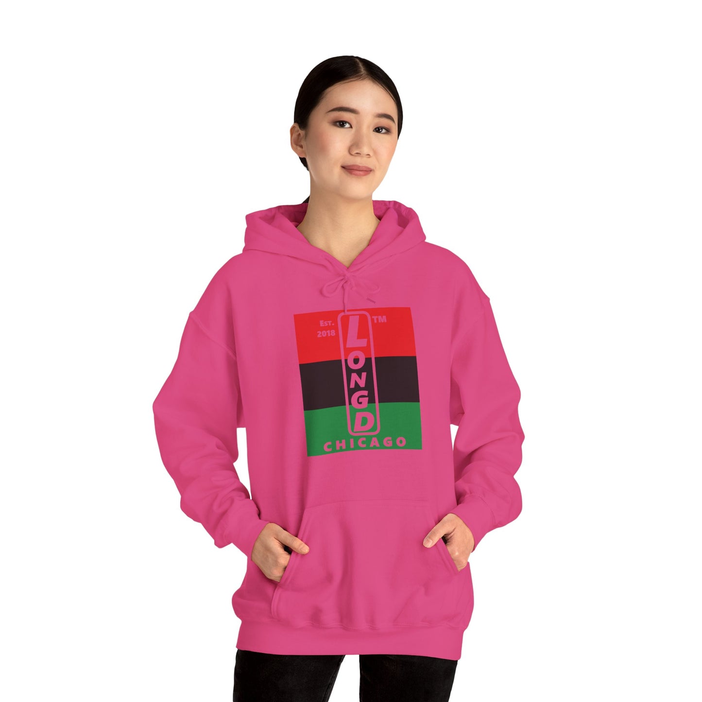 LongD® negative horizontal 3-striped upright Chicago logo hoodie (Juneteenth colors)