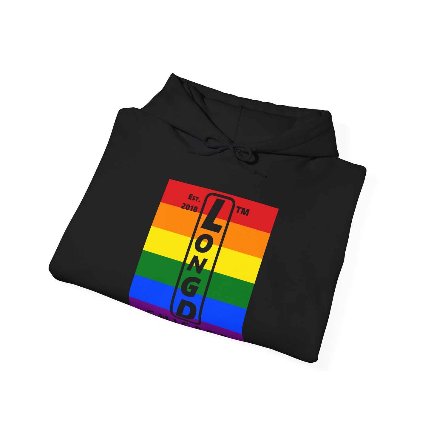 LongD® negative horizontal 6-striped upright Chicago logo hoodie (Pride colors)