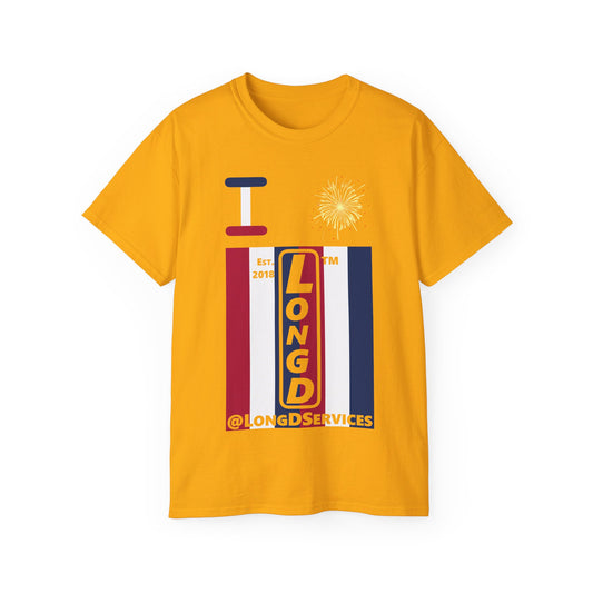 I Burst LongD cotton tee negative vertical 6-striped tag upright logo (Patriotic colors)