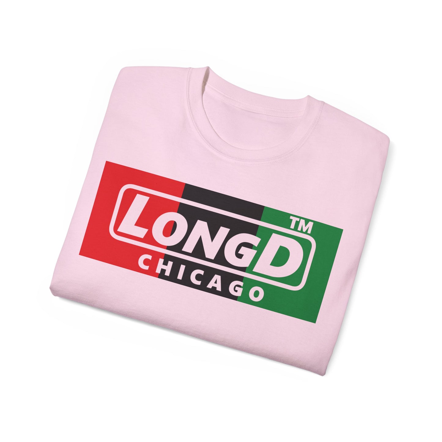 LongD negative vertical 3-striped Chicago logo cotton tee (Juneteenth colors)