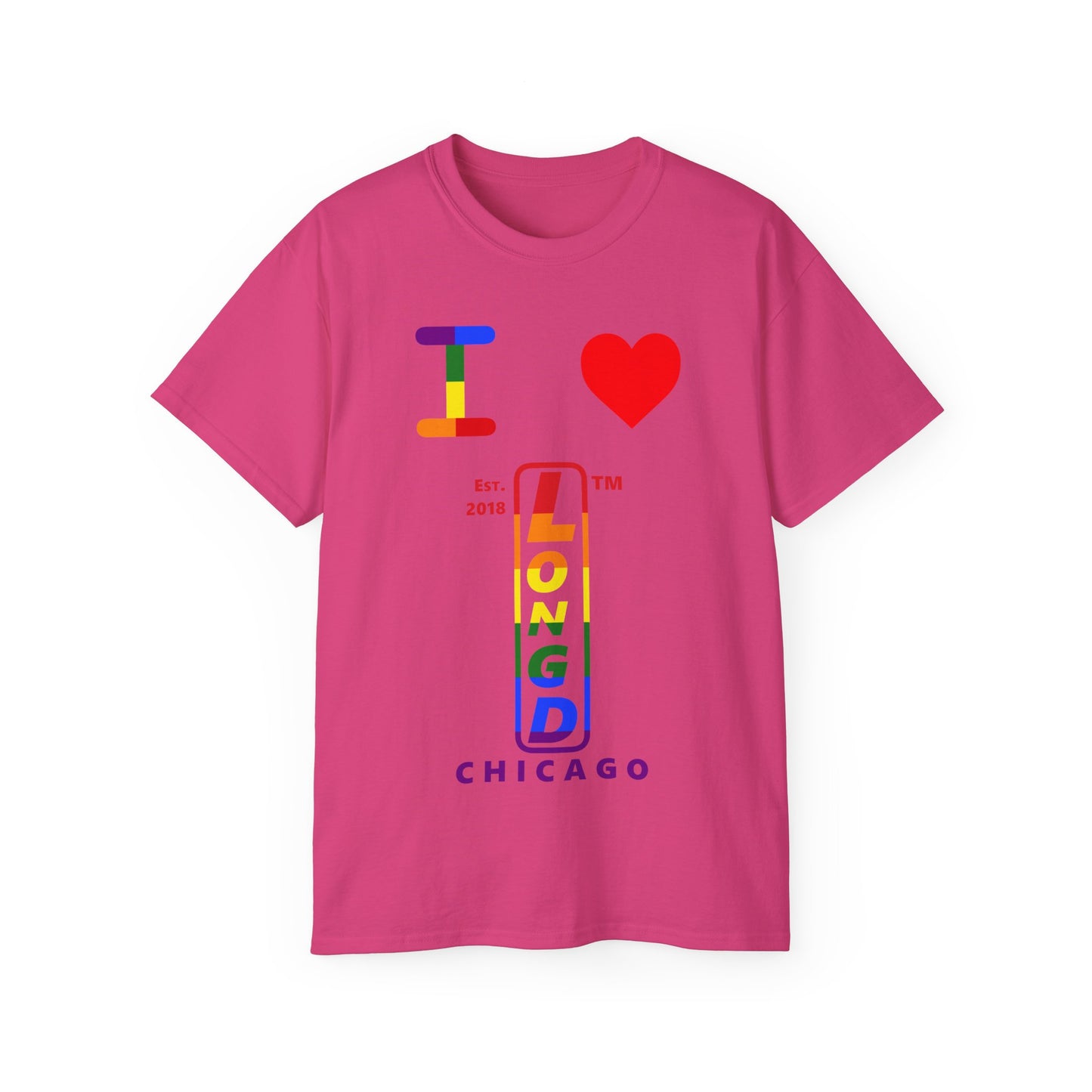 I Luv LongD Cotton Tee positive horizontal striped Chicago upright logo (Pride colors)