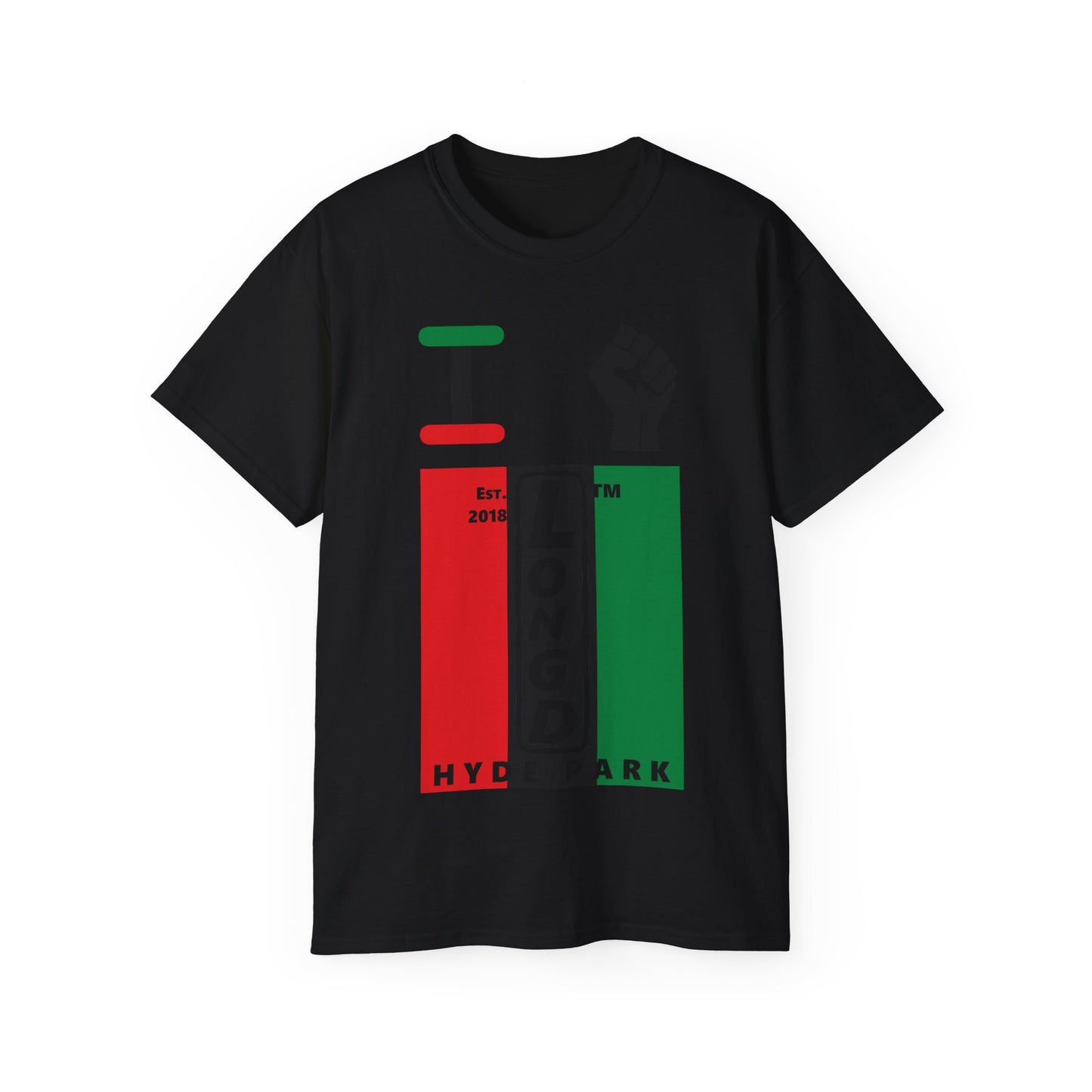 I fist LongD Cotton Tee negative vertical striped Hyde Park upright logo (Juneteenth colors)