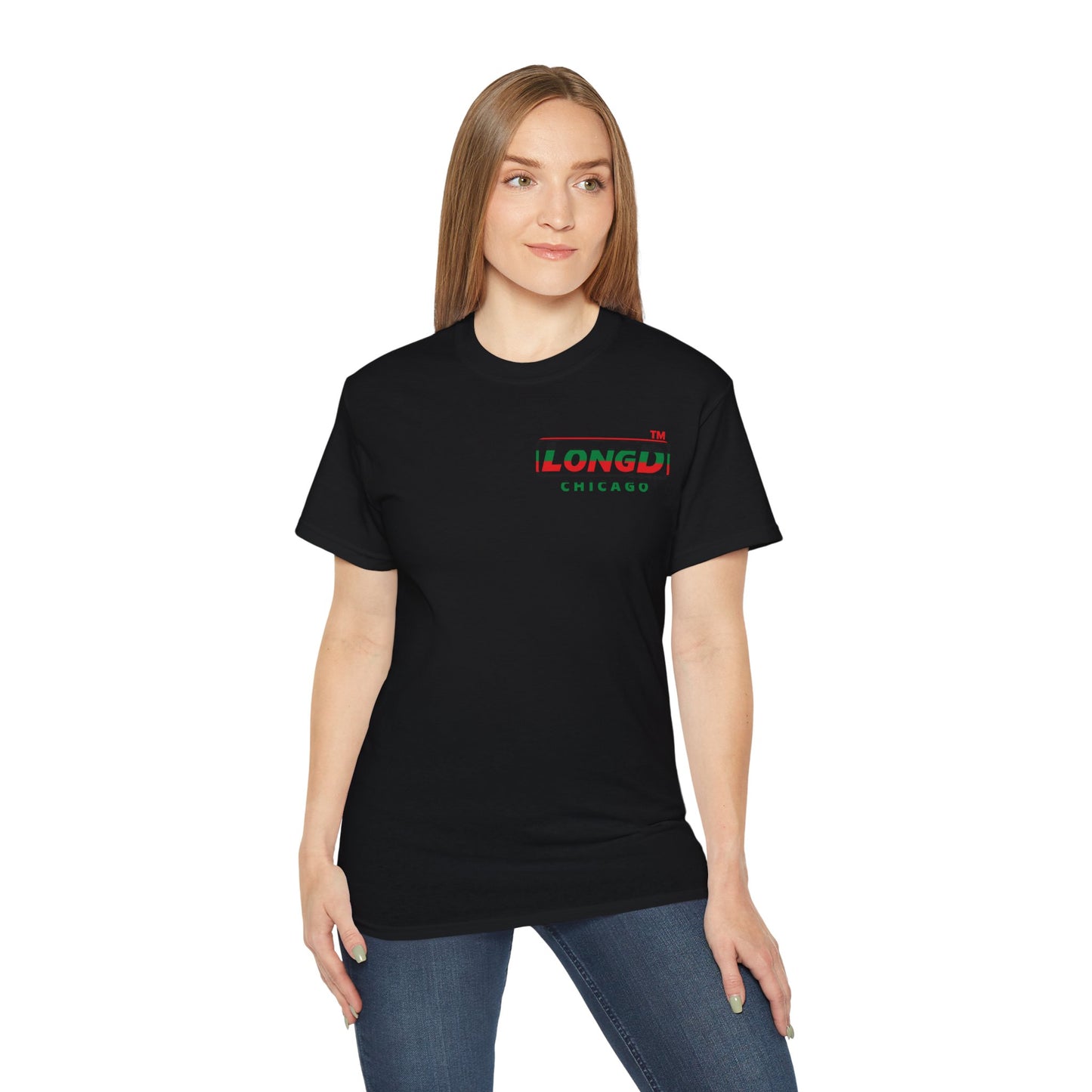 LongD positive horizontal 6-striped Chicago logo single-breasted front-back cotton tee (Juneteenth colors)