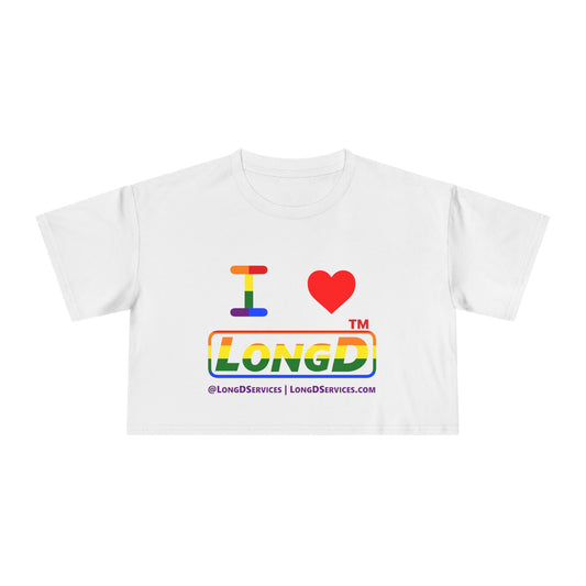 I Luv LongD positive horizontal 6-striped tag-domain logo crop tee (Pride colors)