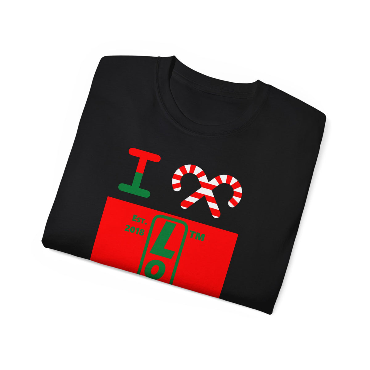 I candy cane LongD Hyde Park upright logo positive green on negative red cotton tee