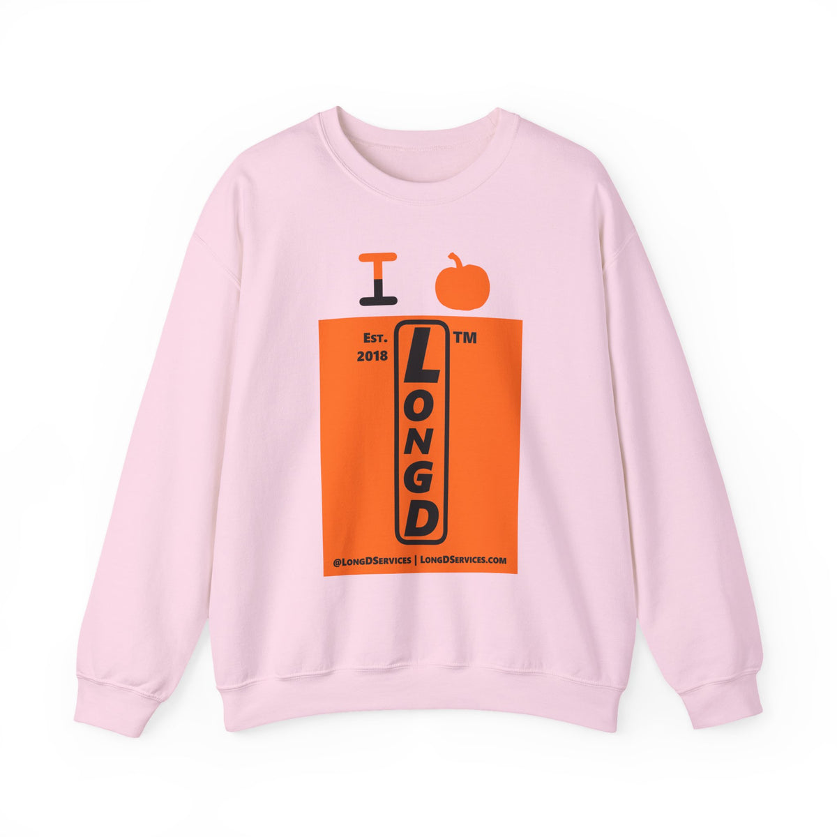 I pumpkin LongD Tag-domain upright logo positive black on negative orange crewneck sweatshirt