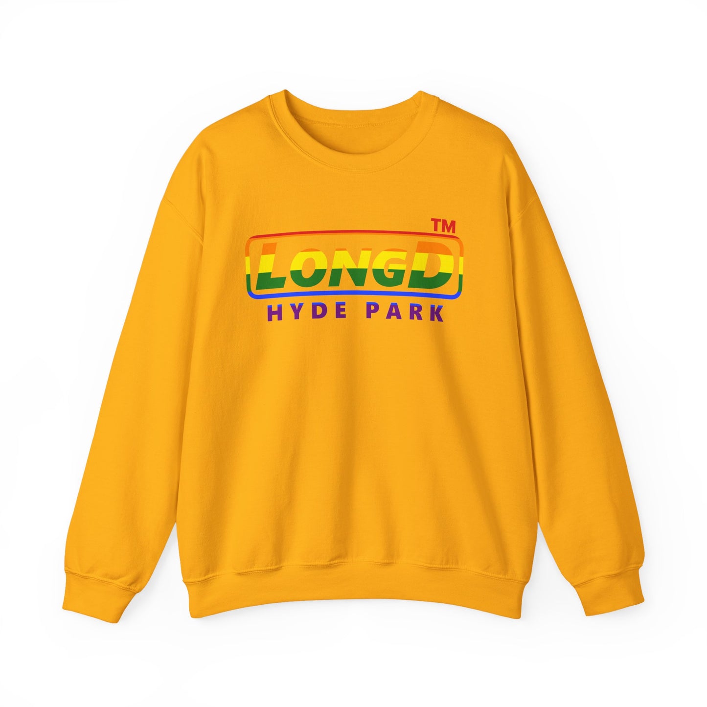 LongD positive horizontal striped front-back Hyde Park logo crewneck sweatshirt (Pride colors)