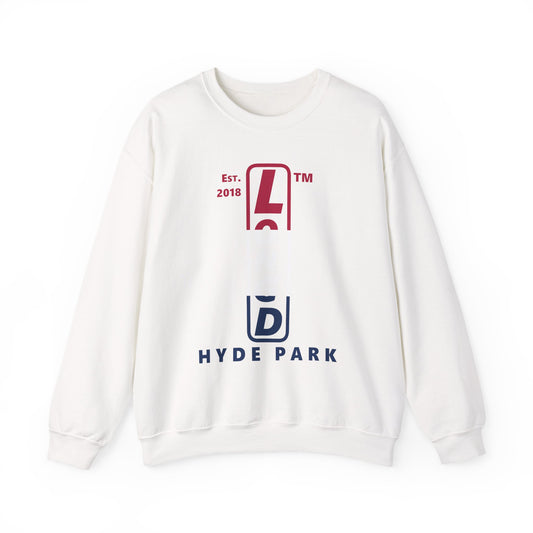 LongD positive horizontal 3-striped Hyde Park upright logo crewneck sweatshirt (patriotic colors)
