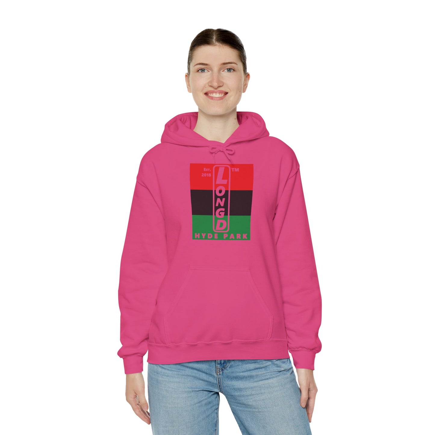 LongD® negative horizontal 3-striped upright Hyde Park logo hoodie (Juneteenth colors)