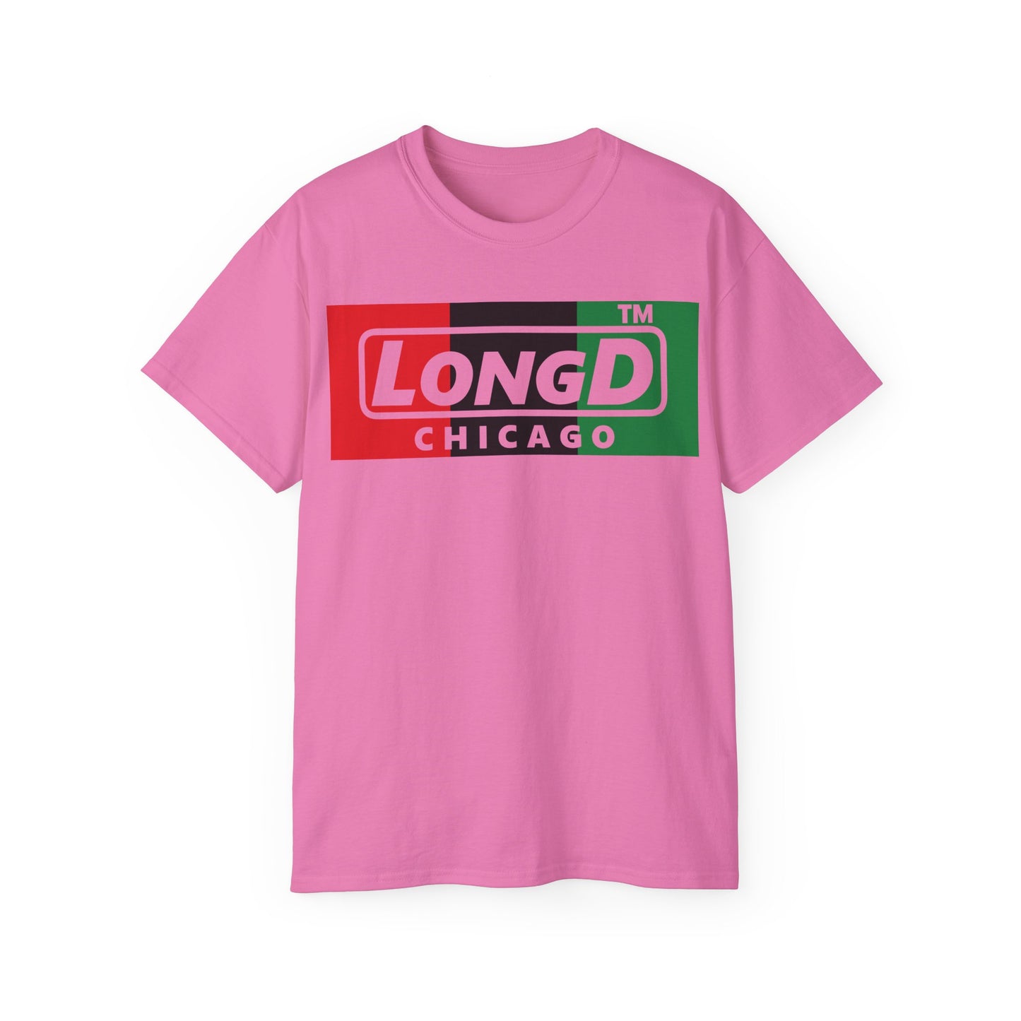 LongD negative vertical 3-striped Chicago logo cotton tee (Juneteenth colors)