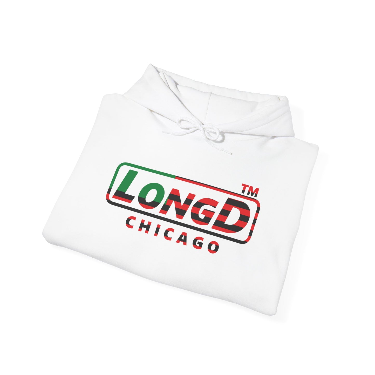 LongD® positive flag front-back Chicago logo Hoodie (Juneteenth colors)
