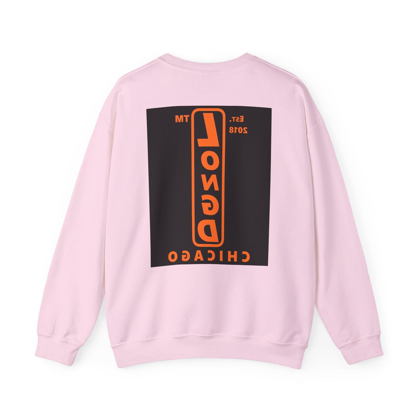 LongD Chicago upright front-back logo orange (FE7518) on Black (000000) crewneck sweatshirt