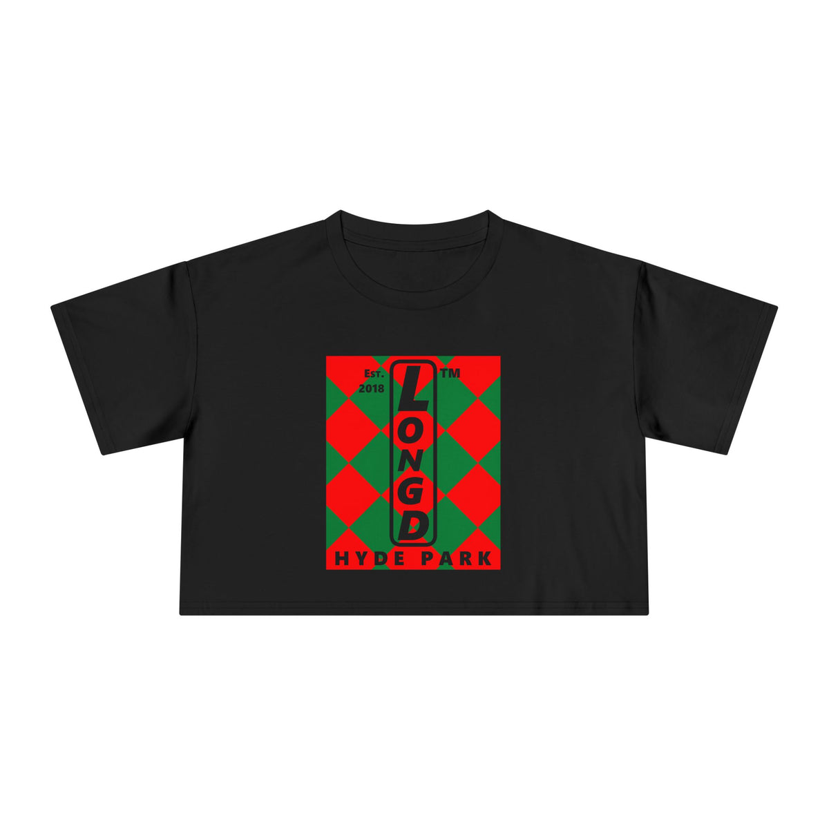 LongD Hyde Park negative upright argyle logo (Xmas colors) crop tee