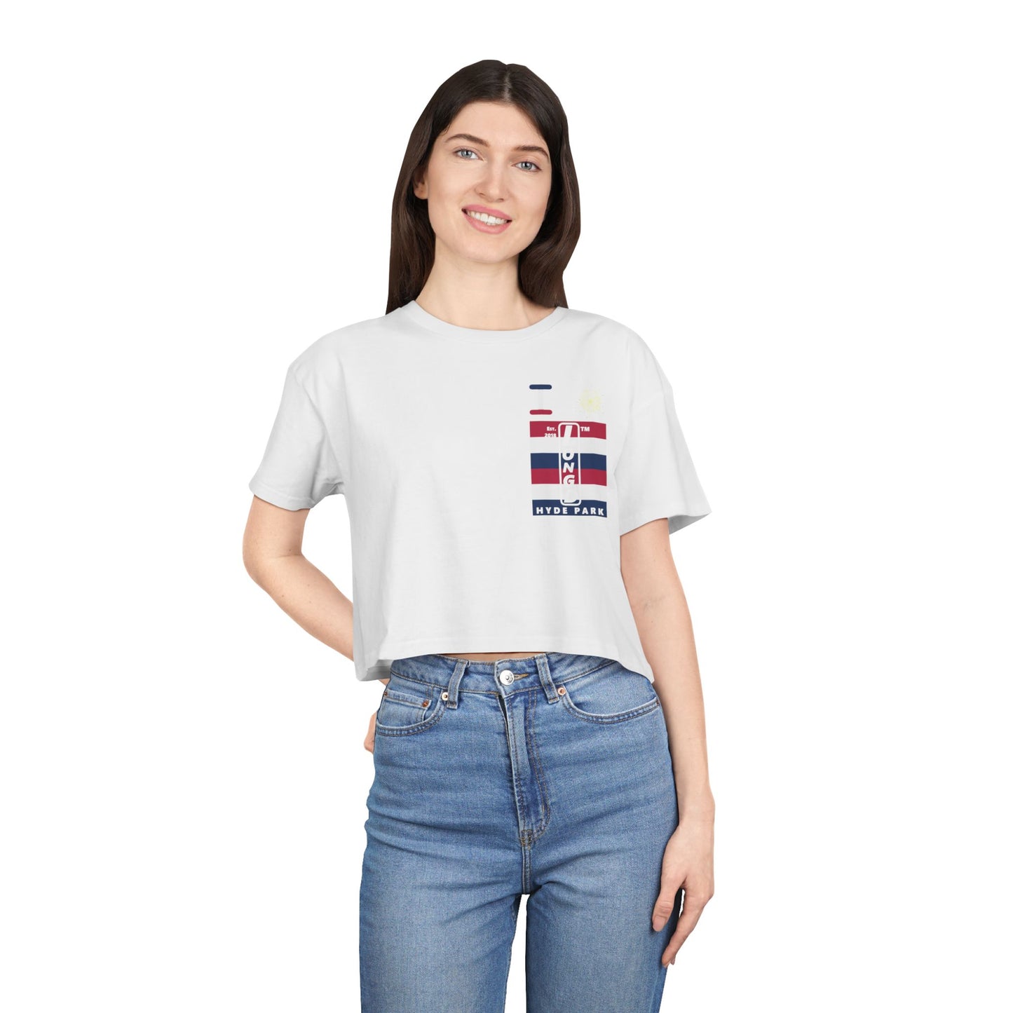 I burst LongD negative horizontal 6-striped upright single-breasted Hyde Park logo crop tee