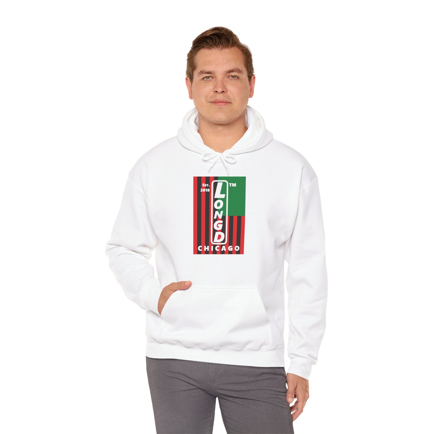 LongD® negative cropped flag upright Chicago logo hoodie (Juneteenth colors)