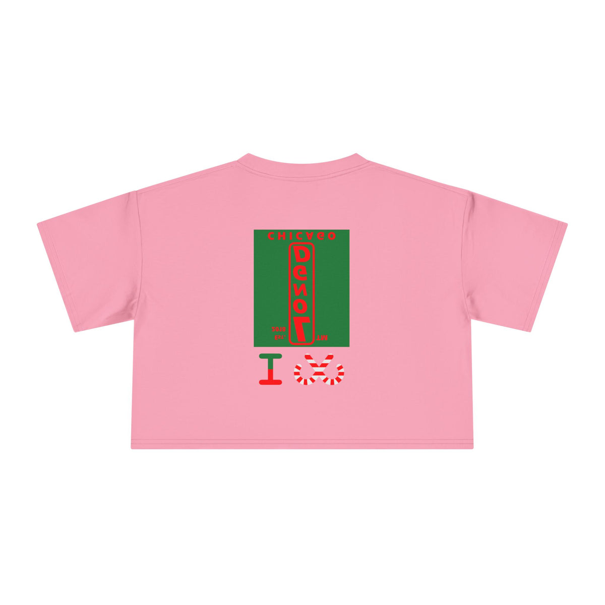 I candy cane LongD Chicago upright front-back logo positive red on negative green crop tee