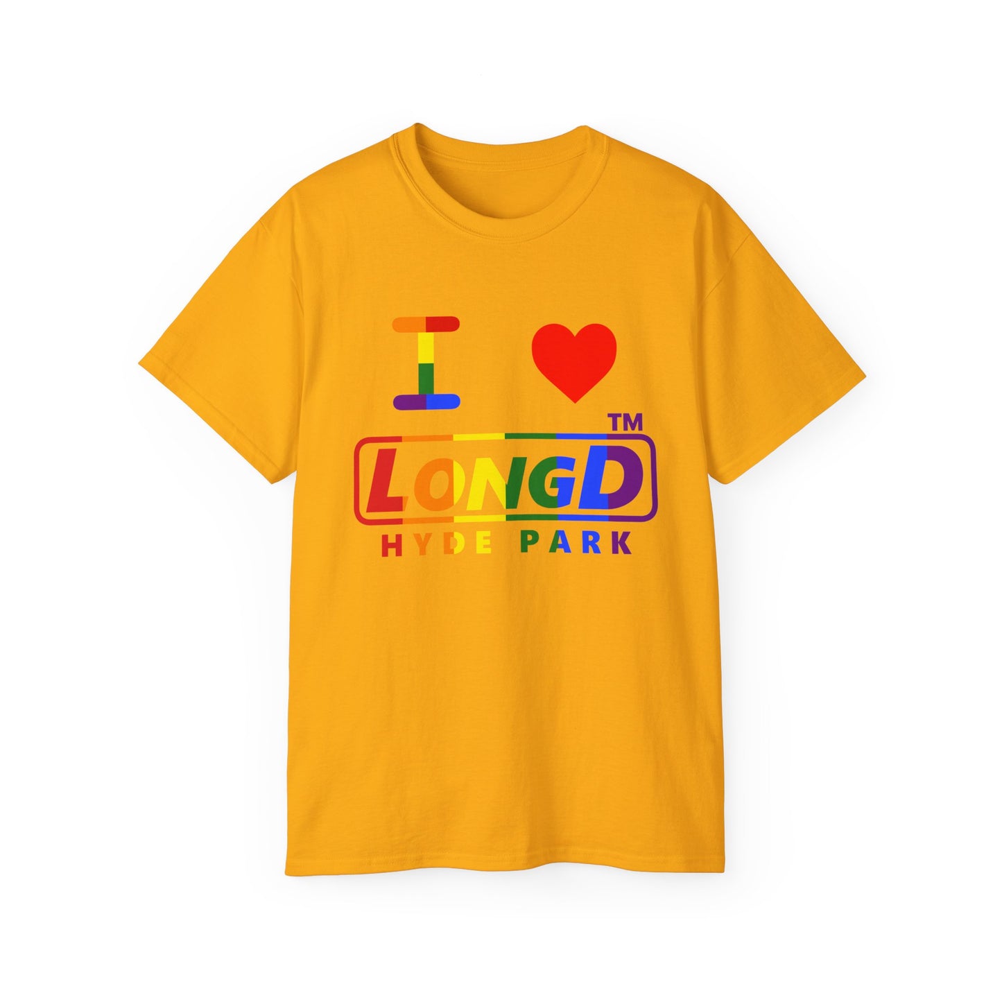 I Luv LongD positive vertical striped Hyde Park logo cotton tee (Pride colors)