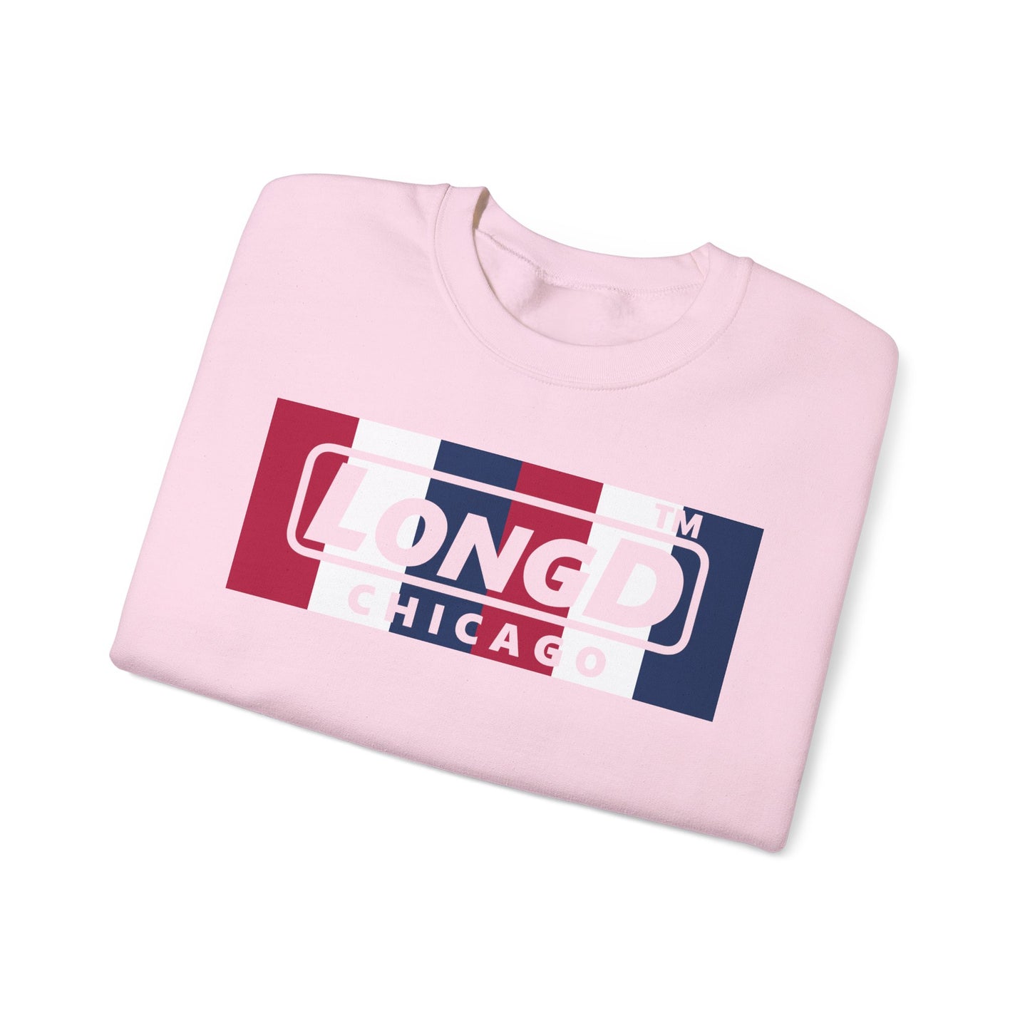 LongD negative vertical 6-striped 4-print double-breasted Chicago logo crewneck sweatshirt (patriotic colors)